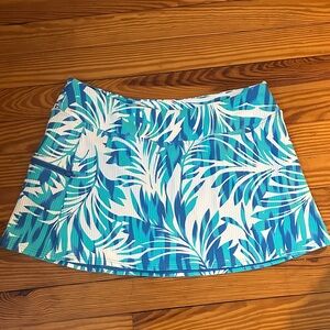 Sunsets tropical print swim skort, blue and white swim skirt, board skirt